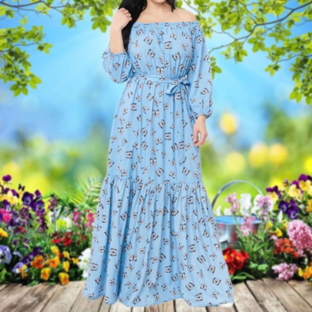Unique Vintage Sweet Butterfly Scape Maxi Dress Off Shoulder 3/4 Sleeve Summer